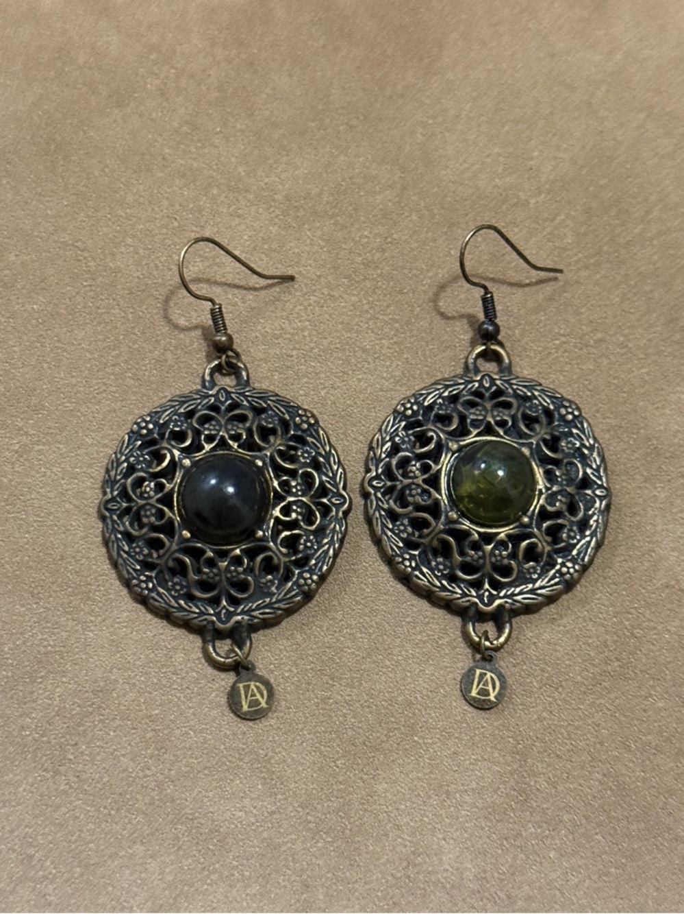 Filigree Drop Earrings with Green and Black Cabochons